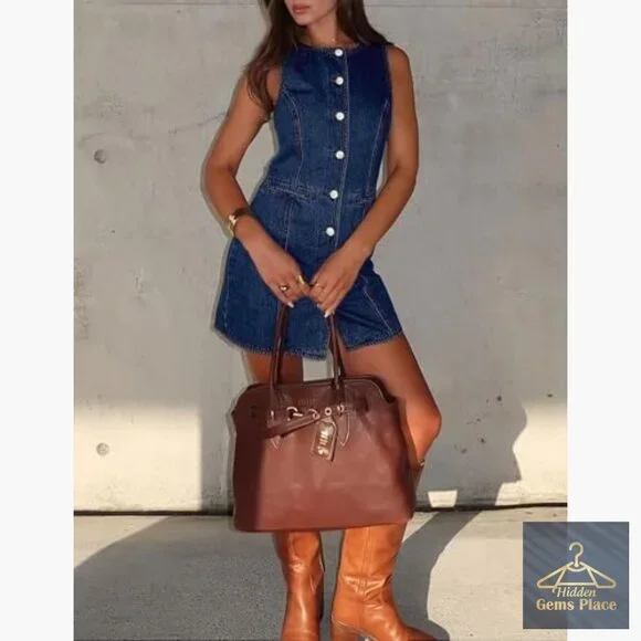 Denim Mini Dress Sleeveless Button Down Pocket Casual Summer - Picture 3 of 7